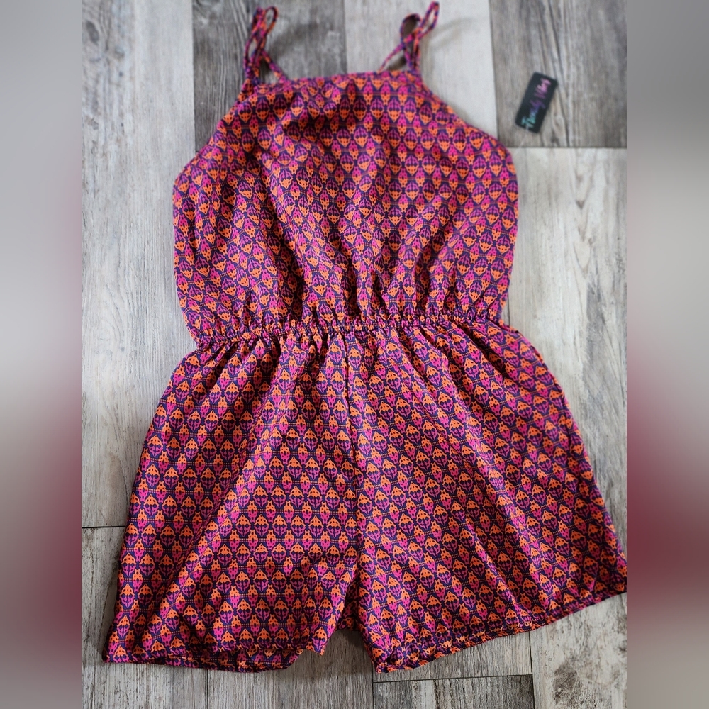Trendy Vibes Double Spaghetti Strap Navy, Orange and Pink Romper